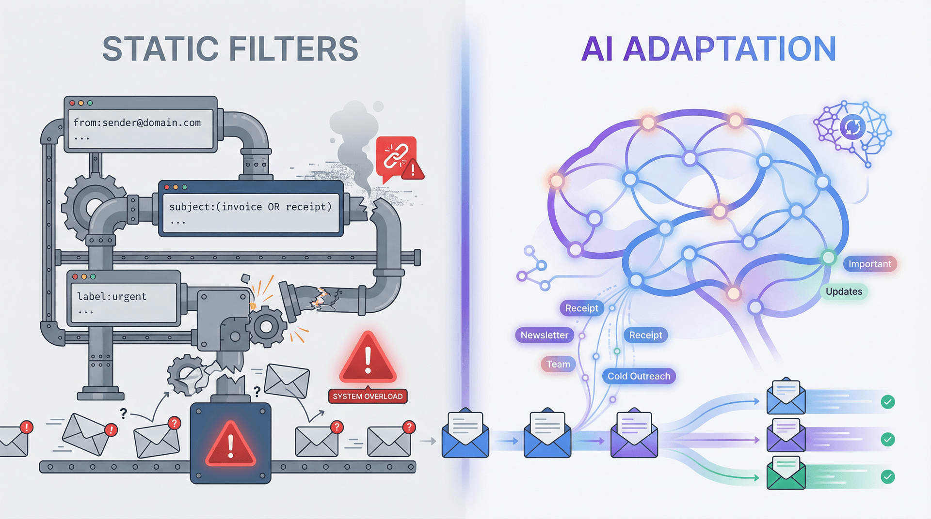 Split comparison showing rigid Gmail filter rules breaking versus adaptive AI email assistant learning patterns