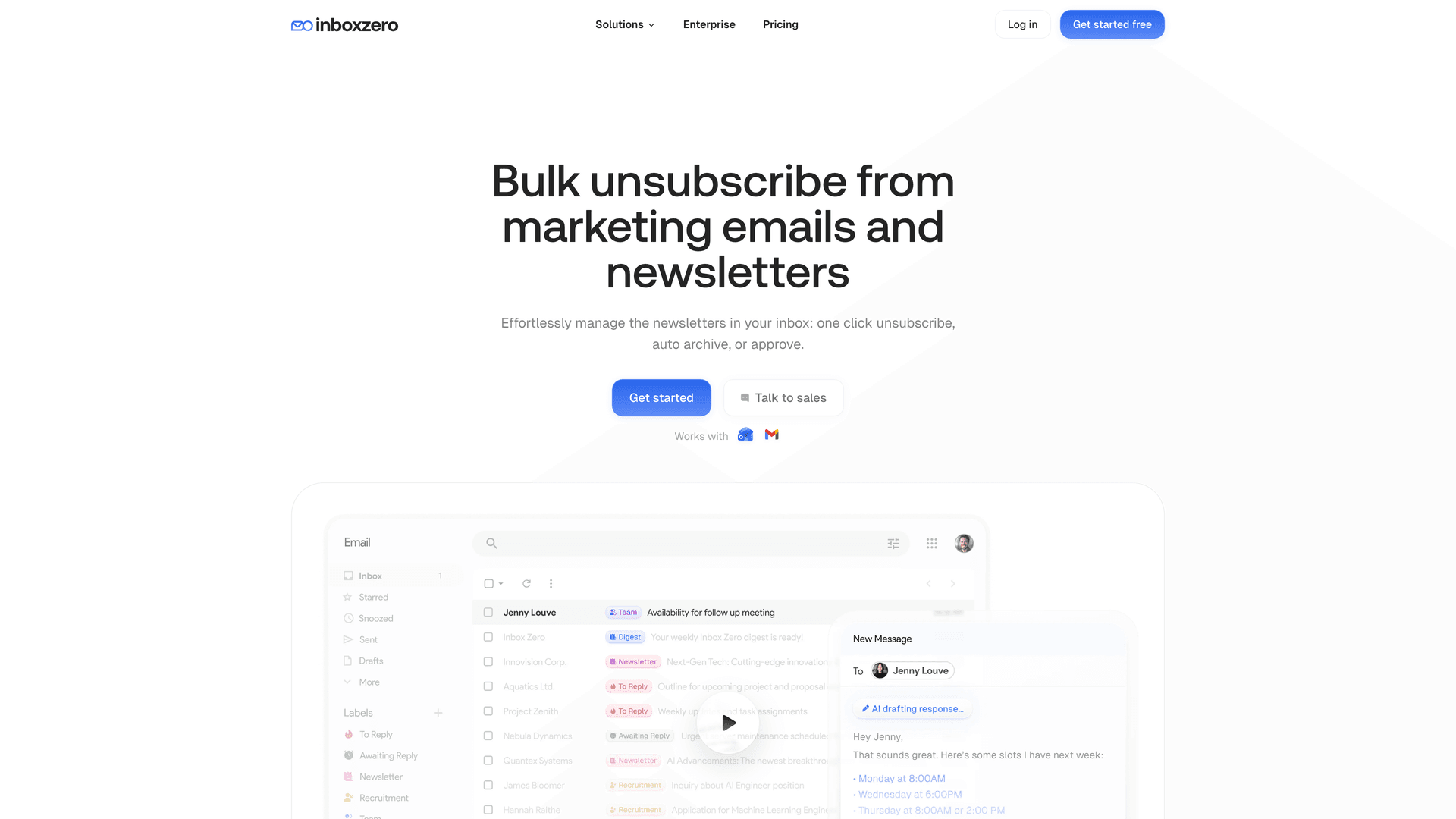 Inbox Zero Bulk Email Unsubscriber feature page showing sender list, reading behavior metrics, and one-click unsubscribe controls